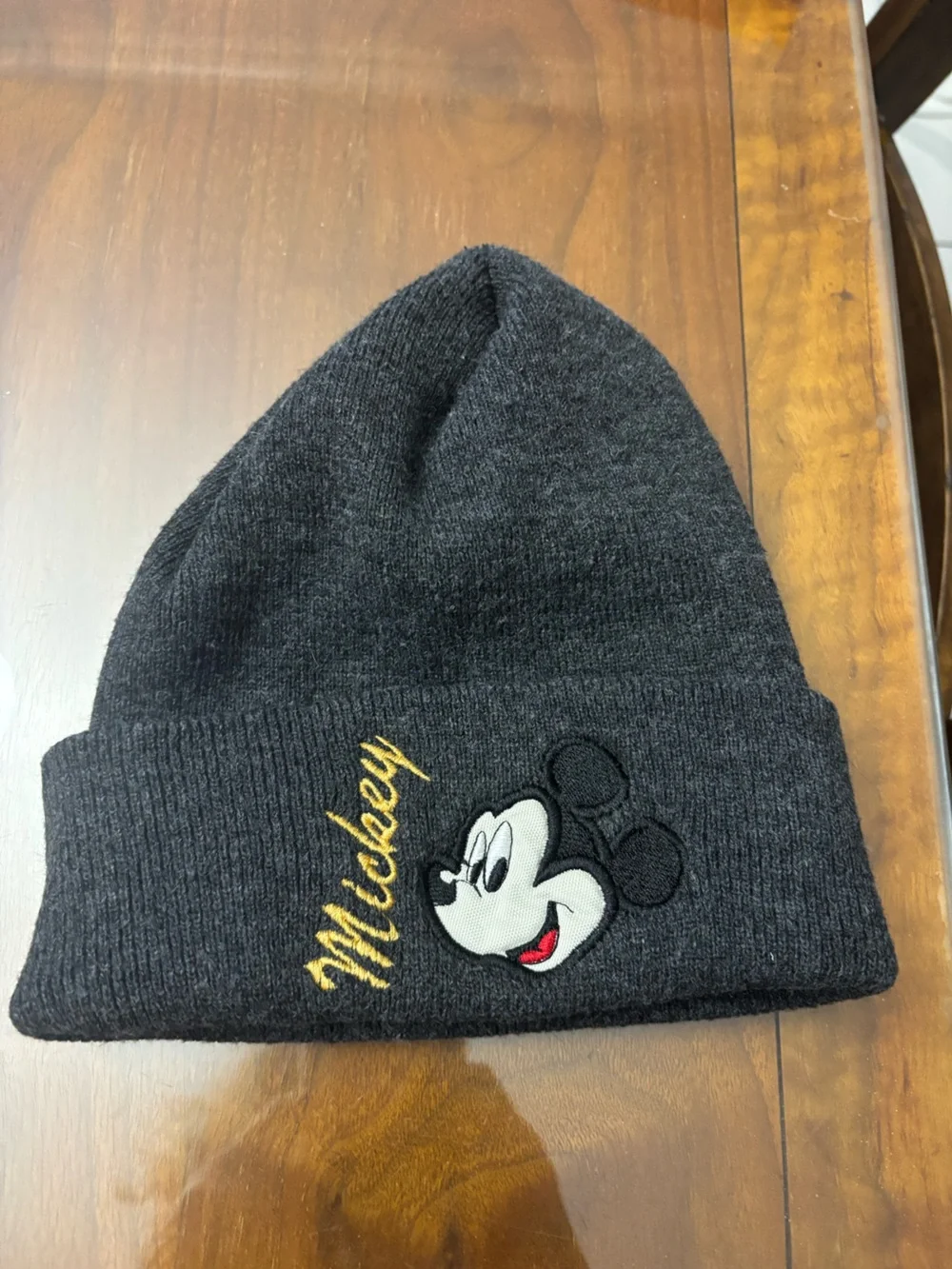 Disney Gray Knit Beanie with Gold 'Mickey' Script and Embroidered Character